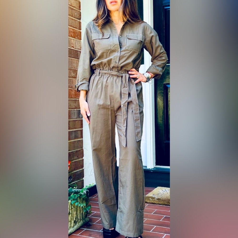 LONG SLEEVE WIDE HEM JUMPSUIT - OLIVE GREEN SIZE S